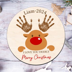 Personalized DIY Reindeer Baby handprint Sign, Custom Baby’s First Christmas Sign, Mistletoes Plaque, Christmas Kid Craft, keepsake gift