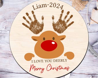 Personalized DIY Reindeer Baby handprint Sign, Custom Baby’s First Christmas Sign, Mistletoes Plaque, Christmas Kid Craft, keepsake gift