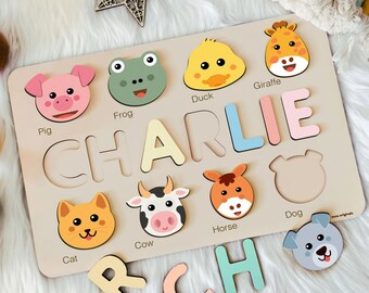 Personalized Montessori Busy Board, Puzzle Name Board, Puzzle Piece Names, Toy Gifts, Newborn Photo Prop, Custom Wooden Baby Keepsake