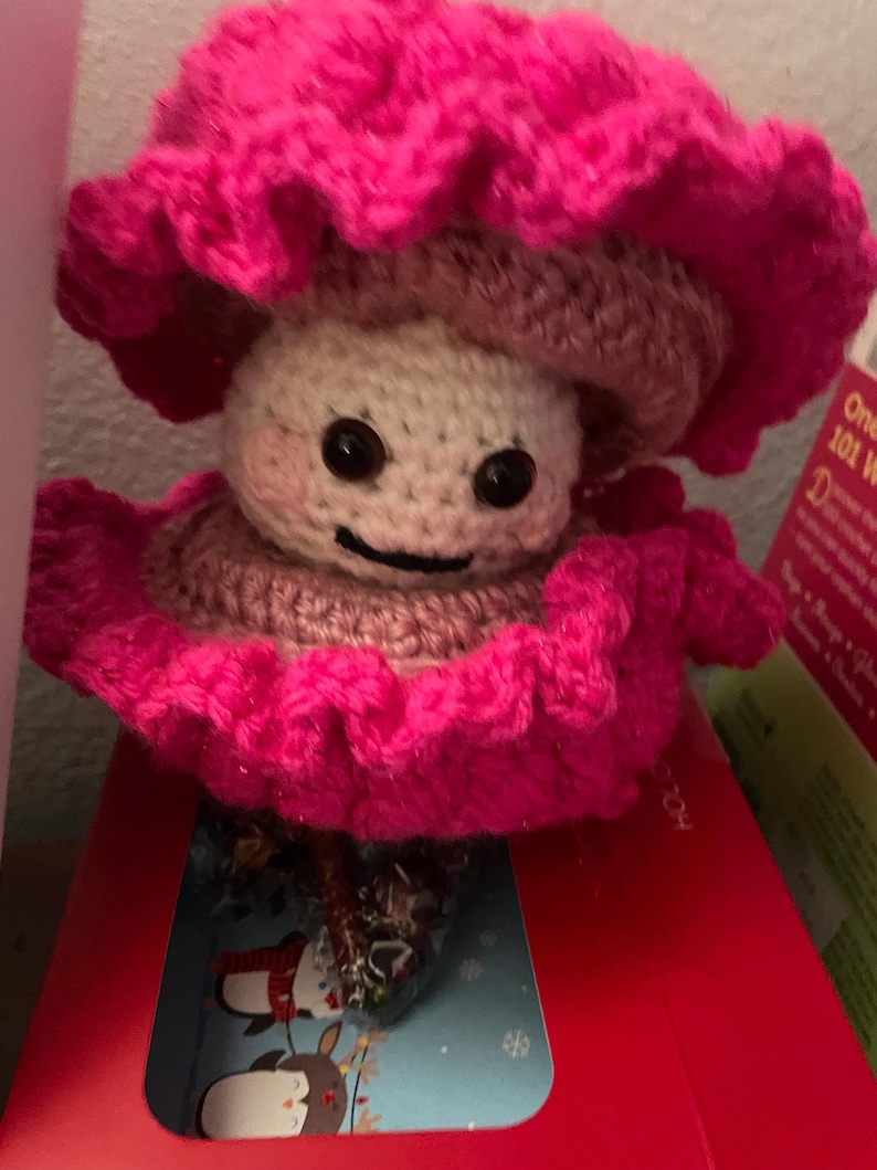 May include: A handmade crochet mushroom doll with a smiling face. The mushroom has a light beige head, a brown cap, and a bright pink ruffled brim. The doll has black button eyes and rosy cheeks. The mushroom is sitting on a red box.