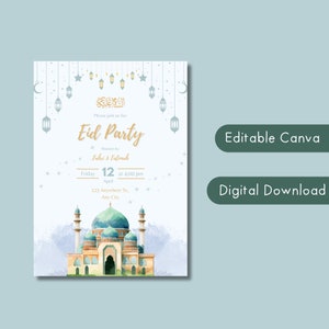 Invitación editable para fiesta de Eid Mubarak, invitación con texto para Ramadán Mubarak, tarjetas islámicas modernas para regalar a Eid, invitación musulmana para Iftar de Ramadán Kareem