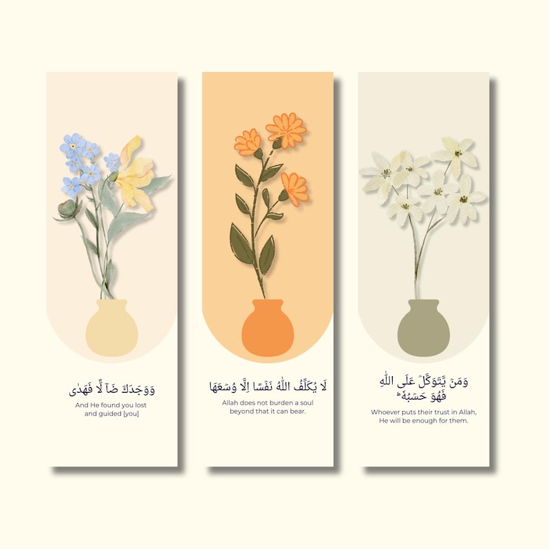 Each bookmark showcases a different Quranic verse with its English translation, alongside minimalist floral artwork.