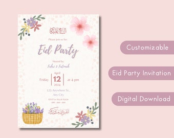 Puede incluir: Una invitación imprimible a una fiesta de Eid con un diseño floral. La invitación es personalizable y presenta el texto "Eid Party" en una fuente de letra cursiva rosa. La invitación incluye la fecha, la hora y la ubicación de la fiesta.