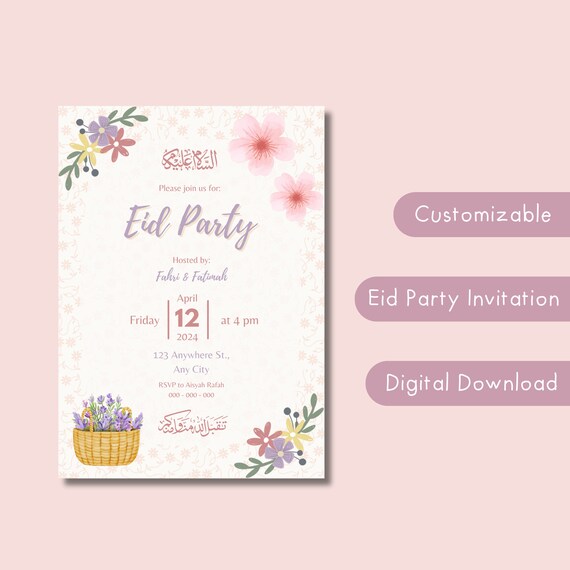 Personalized Floral Eid Party Invitation, Custom Islamic Cards (Digital Download)