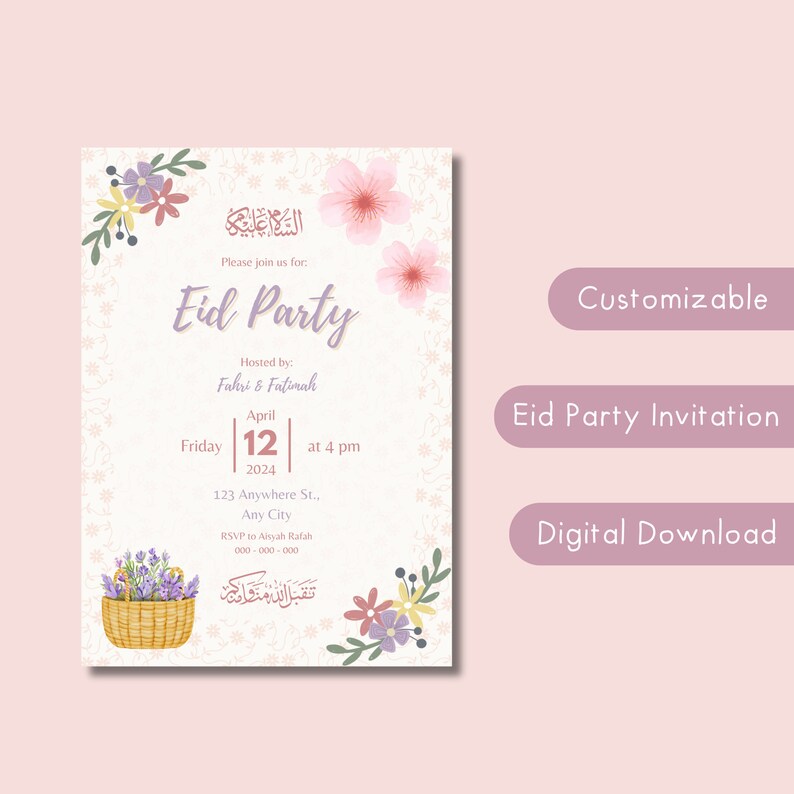 Personalized Eid Party Invitation, Islamic Eid Al Fitr Invite, Printable Eid Al Adha Dinner Card, Muslim Tea Party, Pink Floral Digital