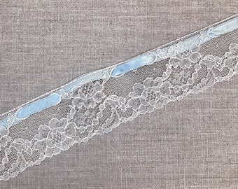 Vintage English Cotton/Rayon Chantilly Eyelet Lace Trim with satin ribbon,  Ivory & blue colour, Antique Lace, Circa 1900