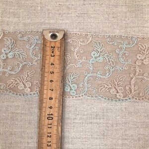 Vintage French Cotton Silk Needlerun Tulle Trim, Beige & Eggshell Blue, Lace Trim, Antique Lace, Circa 1880-1900, 8cm wide zdjęcie 4