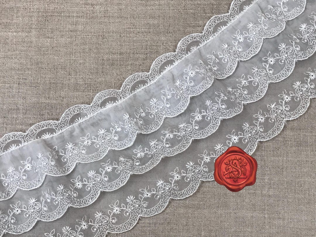 German Ruffles Vintage German Embroidered Organza Triple Frill Trim, White, Heirloom ...