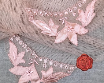Pair of Antique Swiss embroidered tulle satin cuffs or collars, pink, Embroidered Satin, Vintage Lace, Cut Work, Circa 1900