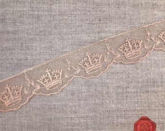 Vintage English Cotton Lace Trim with Royal Crown Motif, Beige, Antique Lace