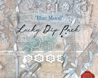Lucky Dip Vintage Trim Pack - Blue & Grey, Scrap Lace pack, Slow Stitching Pack, Mystery grab bag