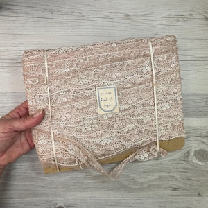 Antike Baumwollseide bestickte Tüllspitze Karte, Rosa/Beige & Elfenbein, 3 cm breiter Spitzenrand, Antike Spitze, Originalverpackung, Ganze Karte der Spitze