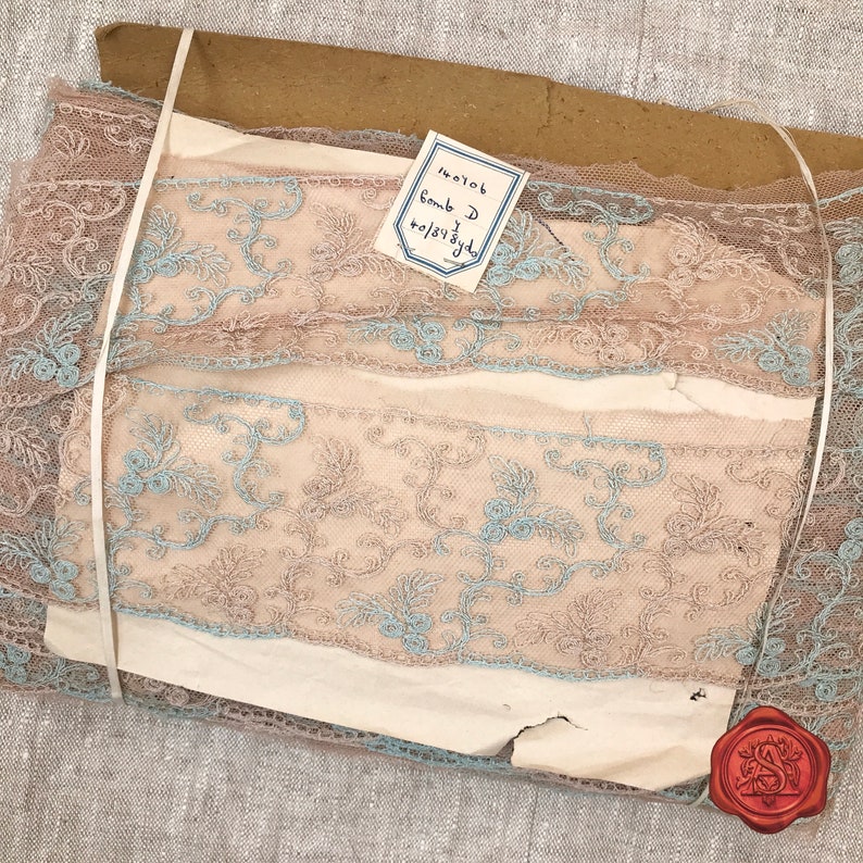 Vintage French Cotton Silk Needlerun Tulle Trim, Beige & Eggshell Blue, Lace Trim, Antique Lace, Circa 1880-1900, 8cm wide zdjęcie 1