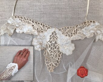 Antique Swiss Cotton/Rayon Embroidered Set, Ivory Yoke & Cuffs set, Wedding dress trim, Embroidered Satin, Vintage Wedding Lace, Cut Work