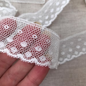Renda de algodão inglesa antiga, marfim/branco, 3,5 cm de largura, por volta de 1900