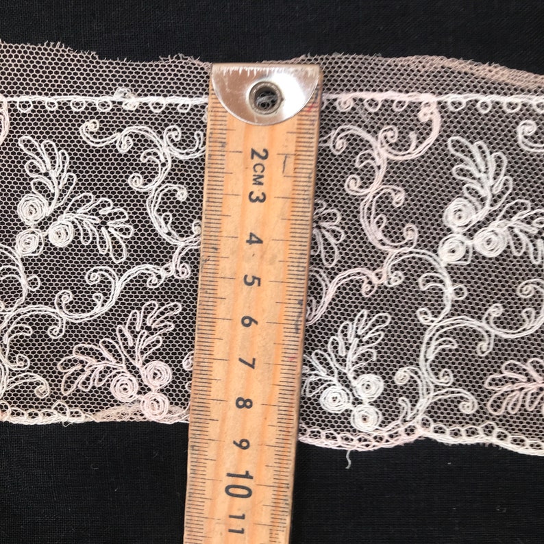 Vintage French Cotton Silk Needlerun Tulle Trim, Lace Trim, Antique Lace, Circa 1880-1900, Pink/beige & Ivory image 5