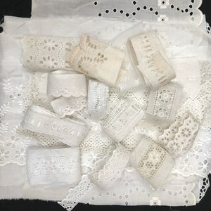 Lucky Dip White Broiderie Anglais Trim Pack, pizzo ricamato in cotone vintage, pacchetto di pizzo di scarto, pacchetto di cucitura lenta, borsa misteriosa immagine 5