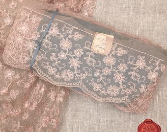 Antiek Frans katoen en zijde Needlerun Tulle Trim, Rose gekleurde Lace Trim, Antiek Kant, Circa 1880-1900
