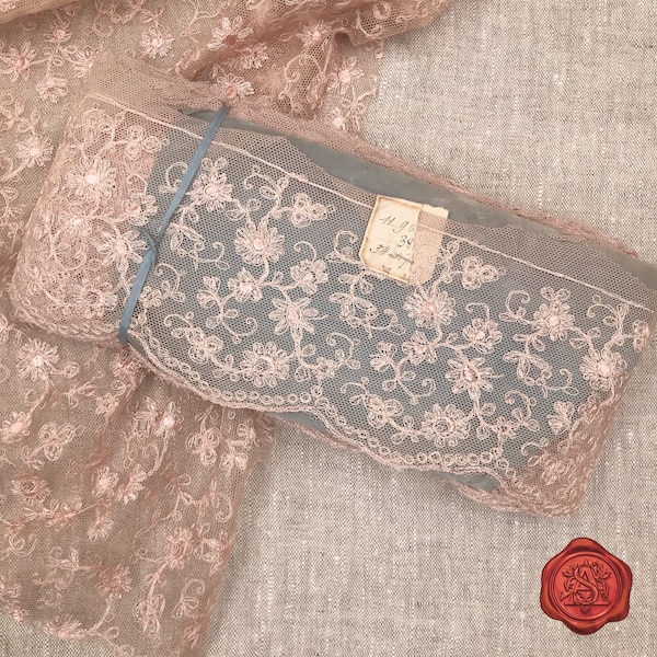 Antique French Cotton & Silk Needlerun Tulle Trim, Rose Coloured Lace Trim, Antique Lace, Circa 1880-1900