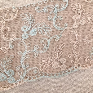 Vintage French Cotton Silk Needlerun Tulle Trim, Beige & Eggshell Blue, Lace Trim, Antique Lace, Circa 1880-1900, 8cm wide zdjęcie 3