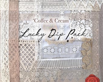 Lucky Dip Vintage Trim Pack - Antique Beige & Ivory, Scrap Lace pack, Slow Stitching Pack, Mystery grab bag, Junk Journal Pack
