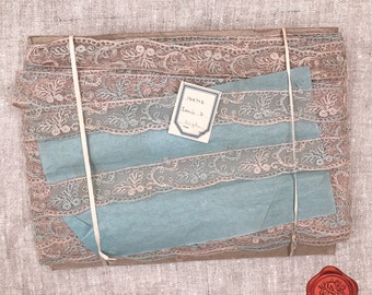 Vintage French Cotton Silk Needlerun Tulle Trim, Beige & Eggshell Blue, 3cm Wide Lace Trim, Antique Lace, Circa 1880-1900