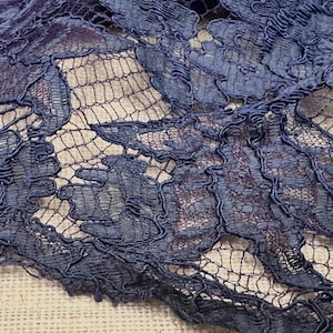 Exquisite French Silk Chantilly Lace Fabric Remnant, Midnight Blue, Fine Silk Lace Piece, Irregular shape, D-7