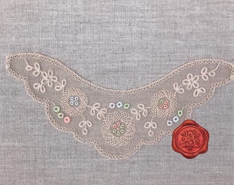 Antique English Embroidered Tulle Yoke, Tearose/Beige, Needlerun Embroidery Lace, Made in England, Circa 1900