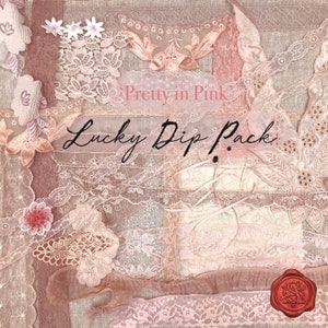 Paquete de adornos vintage Lucky Dip: rosa, paquete de encaje de retales, paquete de costura lenta, bolsa sorpresa, paquete de diario basura