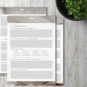 May include: A questionnaire for interior design preferences. The questionnaire asks about aesthetic preferences, lighting preferences, design style preferences, and material preferences. The questionnaire is titled "Interior Design Studio".