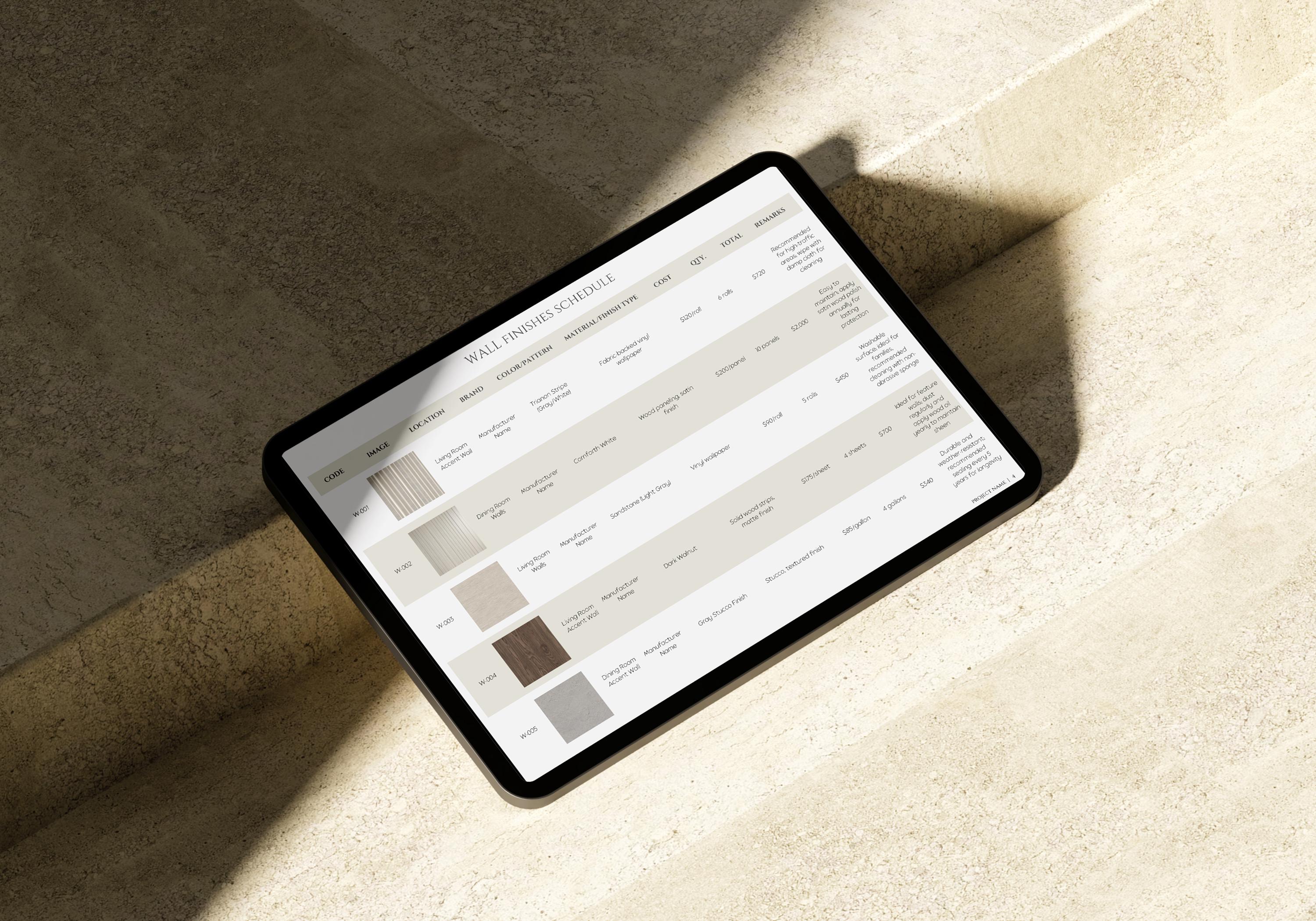 Ffe Schedule Example Interior Design FF&E Schedule Template, Furniture and Finishes Schedule ...