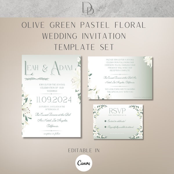 Olive Green Pastel Floral Wedding Editable and Customizable Invitation Template Set