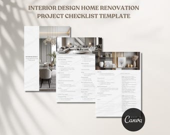 May include: A checklist template for interior design and home renovation projects. The checklist includes sections for planning, design, construction, and finishing. The template is designed to help homeowners stay organized and on track throughout the renovation process.