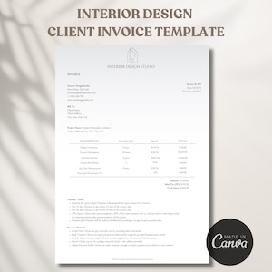 May include: A black and white interior design client invoice template with the title "Interior Design Client Invoice Template" and the logo "Interior Design Studio". The invoice includes a table with the headings "Description", "Quantity", "Rate", and "Total".