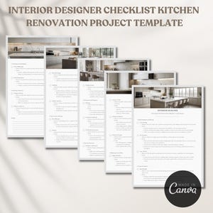 Op de afbeelding: Een checklist-sjabloon voor interieurontwerpers om te gebruiken bij het plannen van een keukenrenovatieproject. De checklist bevat secties voor vloeren, verlichting, apparaten en meer. Het sjabloon is ontworpen om ontwerpers te helpen georganiseerd te blijven en ervoor te zorgen dat alle aspecten van het project worden overwogen.
