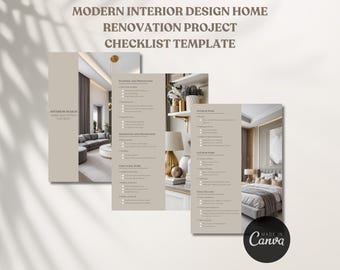 May include: A checklist template for a modern interior design home renovation project. The checklist is divided into sections for planning and preparation, demolition and construction, structural work, electrical work, interior work, and finishing touches. The template features images of a modern living room and bedroom.