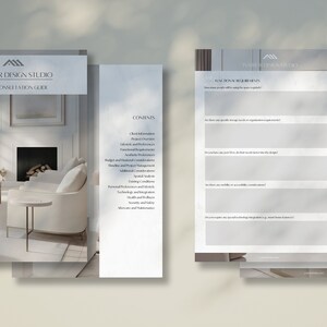 May include: A white and gray interior design consultation guide with a photo of a living room with a fireplace, a couch, and a coffee table. The guide includes a table of contents with sections like "Project Overview", "Functionality Requirements", and "Budget and Financial Management".
