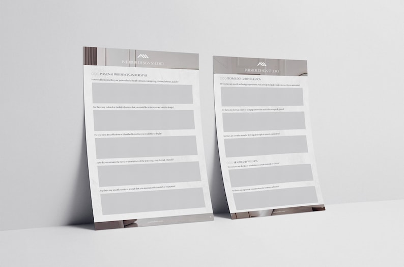 May include: Two gray and white printable worksheets with the title "Interior Design Studio" and the headings "Primary Preferences in Interior Style" and "Budget and Inspiration".