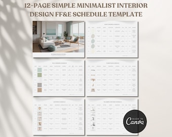 May include: A 12-page minimalist interior design FF&E schedule template. The template includes a photo of a living room, color palettes, wall schedules, furniture schedules, lighting schedules, and plumbing fixture schedules. The Canva logo is visible.