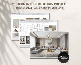 Pode incluir: Um modelo para uma proposta de projeto de design de interiores moderno de 26 páginas. O design inclui um mood board, uma visão geral e detalhes do estúdio de design de interiores. Feito em Canva.