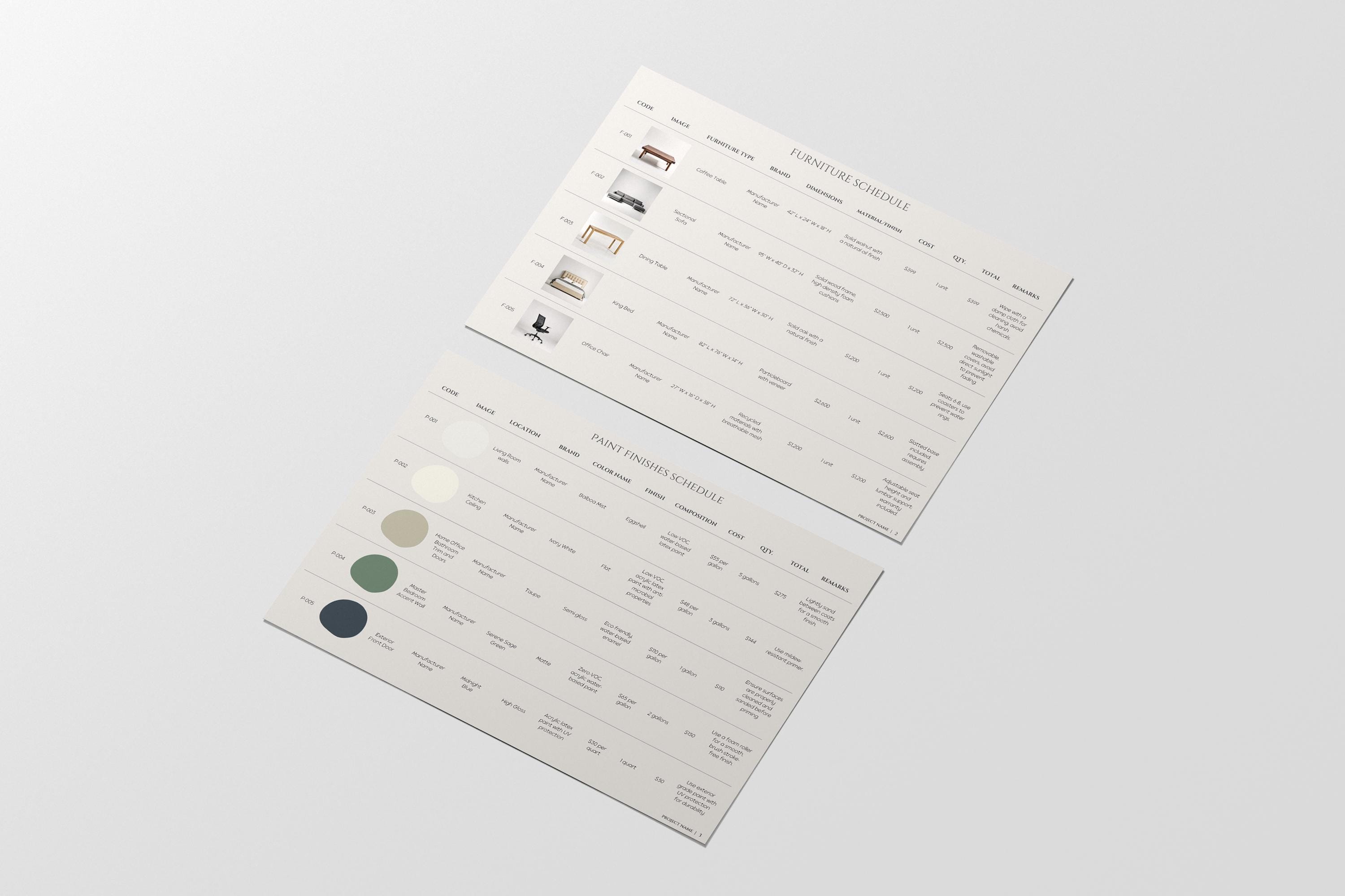 Ffe Schedule Example Interior Design FF&E Schedule Template, Furniture and Finishes Schedule ...