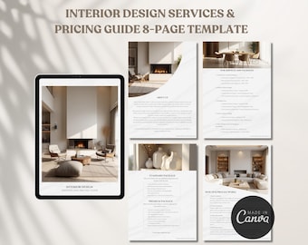 May include: An 8-page interior design services and pricing guide template. The template features images of modern living rooms and a fireplace. The text includes "Interior Design Services and Pricing Guide 8-Page Template" and "Made in Canva".