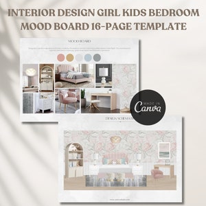 Plantilla de tablero de humor de presentación de cliente de diseño de interiores, tablero de humor de dormitorio de niñas y niños