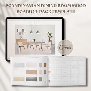 Plantilla de tablero de ideas para comedor escandinavo, propuesta de proyecto de diseño de presentación para clientes, tablero de ideas para diseño de interiores