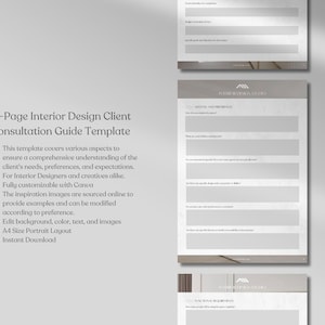 May include: A 15-page interior design client consultation guide template. This template covers various aspects to ensure a comprehensive understanding of the client's needs, preferences, and expectations. It is fully customizable with Canva and includes inspiration images sourced online.