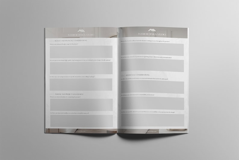May include: A two-page questionnaire for interior design clients. The questionnaire asks questions about the client's budget, project management, and additional considerations.