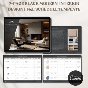Può includere: Un modello di pianificazione FF&E di design d'interni moderno nero su 7 pagine. Il modello include un soggiorno con camino, un divano e una sedia. Il modello include anche una tavolozza di colori e un elenco di mobili e accessori.