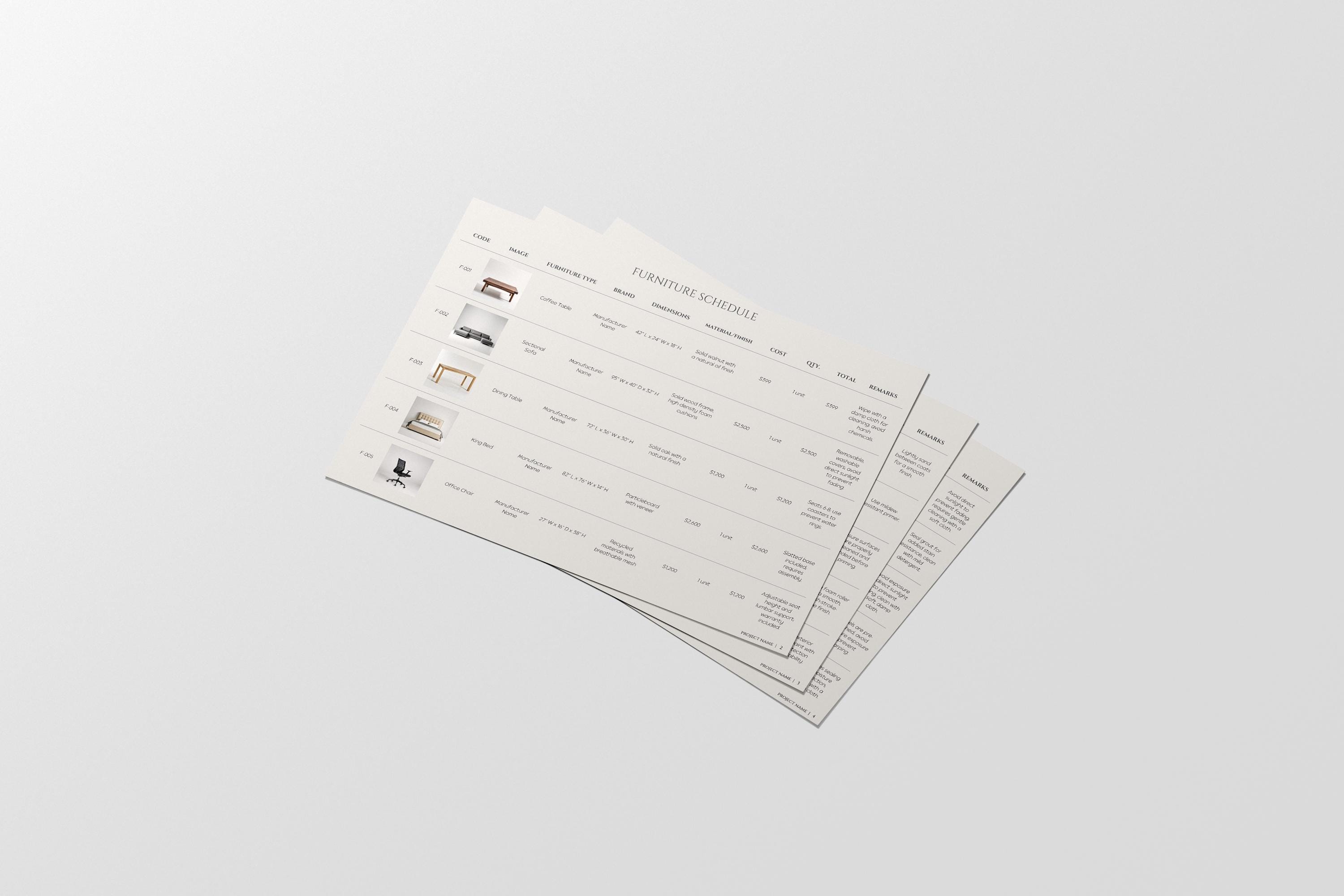 Ffe Schedule Example Interior Design FF&E Schedule Template, Furniture and Finishes Schedule ...