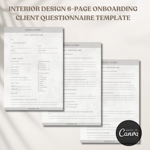 Puede incluir: Una plantilla de cuestionario para clientes de diseño de interiores de seis páginas con fondo gris y texto negro. La plantilla incluye secciones para la información del cliente, los detalles del proyecto, las preferencias de diseño y el presupuesto.