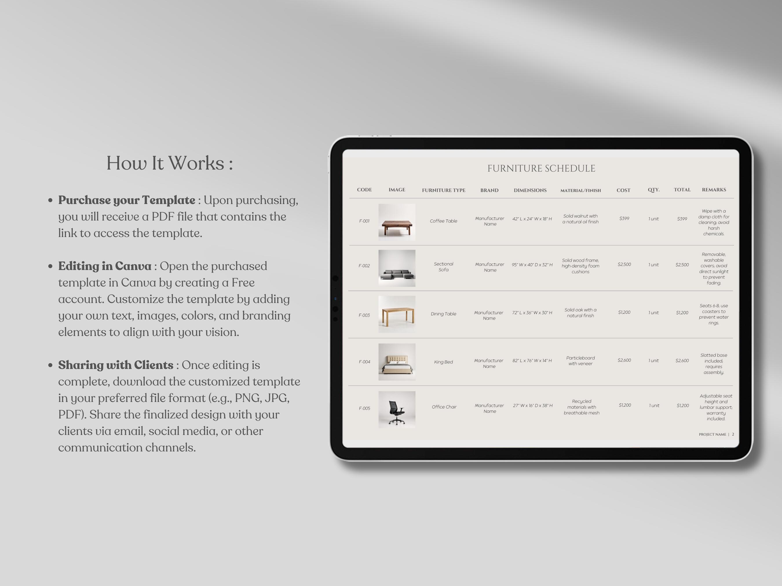 Interior Design FF&E Schedule Template, Furniture and Finishes Schedule ...